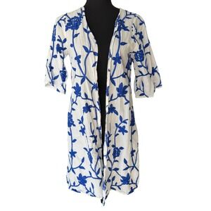 LIV Los Angeles Embroidered Kimono Cardigan Womens S White Blue Boho Cottagecore